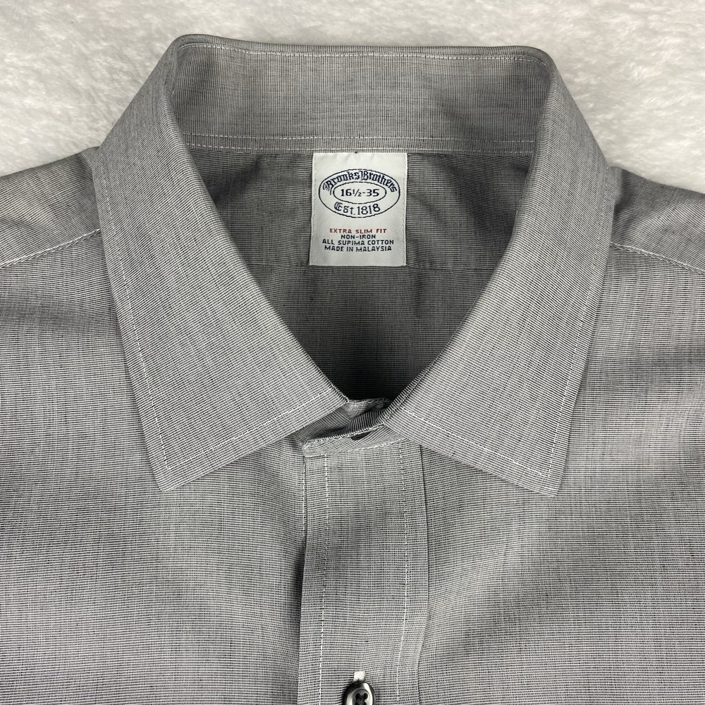 Brooks Brothers Dress Shirt Mens 16.5-35 Gray Extra-Slim Fit No Iron